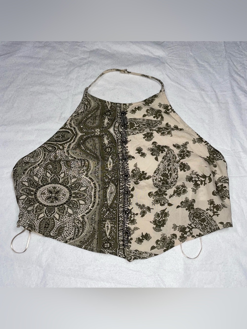 Zara L Halter Neck Green Tan Beaded Middle Paisley Side Zip Crop Top NWT Boho